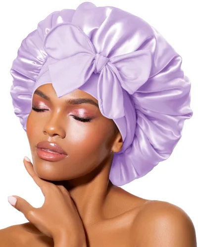 Miniatura 22 de Gorro de satén de seda para dormir con banda ancha para cabello rizado, color rosado oro rosa claro