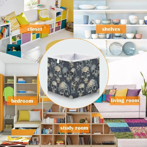 Miniatura 6 de Vnurnrn Cubo de almacenamiento plegable de tela con estampado de calaveras góticas, cubos de almacenamiento con tablero de soporte, canasta plegable