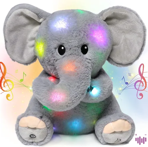 Hopearl Elefante de peluche musical LED que ilumina y canta, volumen ajustable, canción de cuna, animado, calma, festival, cumpleaños, para niños