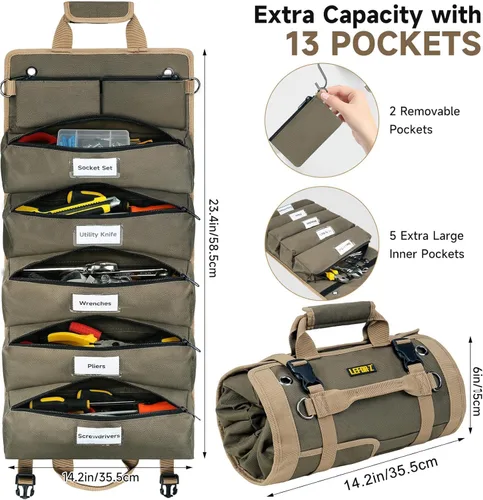 Miniatura 2 de Bolsa de herramientas, organizador grande de herramientas enrollable, bolsa de almacenamiento de rollo de herramientas de 13 bolsillos, bolsa