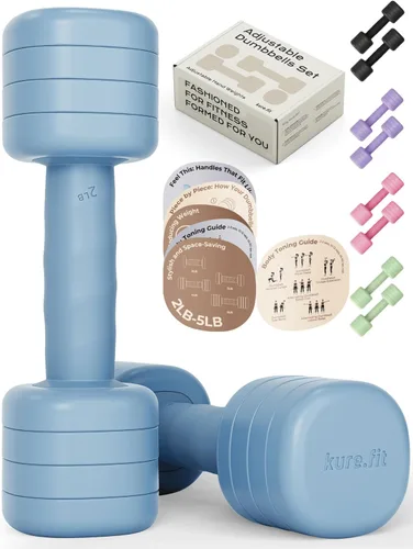 Miniatura 10 de Juego de mancuernas ajustables Pesas ligeras de mano de 2, 3, 4 y 5 libras para mujeres, ajuste de peso de un solo giro, mango de agarre curvado