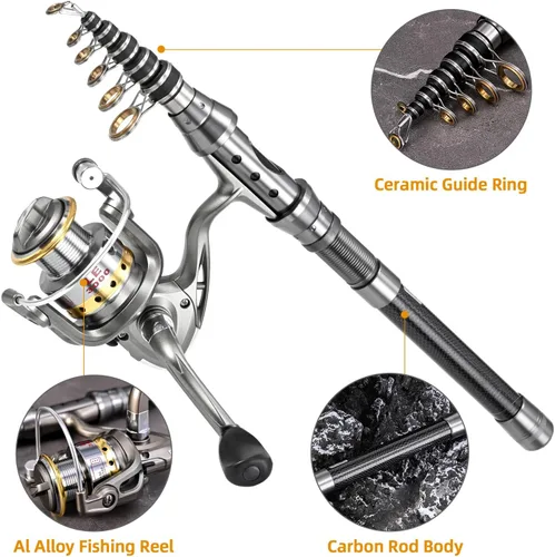 Miniatura 3 de Lixada Juego de 2 cañas de pescar de 1.5/1.8/2.1/7.9 ft, carrete de caña telescópica de fibra de carbono, carrete de pesca con ganchos, señuelos