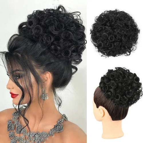 Matthia Moño ondulado desordenado para mujer, moño corto y rizado con cordón, moño recogido, 1 moño grande y grueso, rizado, negro, clip en colas de