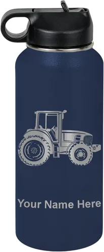 Miniatura 61 de LaserGram Botella de agua personalizada, tractor agrícola, acero inoxidable de doble pared aislada al vacío con popote superior, regalo grabado