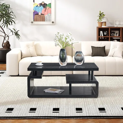 Miniatura 2 de Mesa auxiliar de 43.3 pulgadas, mesa central moderna de 3 niveles con almacenamiento, mesa de centro grande de madera para sala de estar, oficina