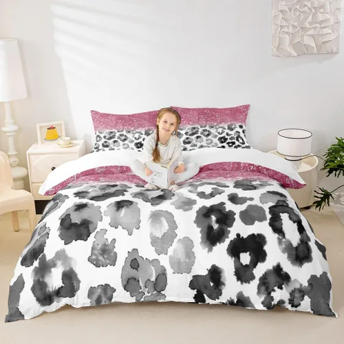 Miniatura 38 de Juego de funda de edredón para niños, tamaño individual, diseño de cebra y leopardo con purpurina, decoración de habitación para niñas y mujeres