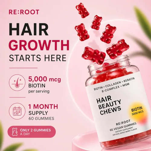 Miniatura 4 de RE:ROOT Gomitas para el crecimiento del cabello, 5,000 mcg de biotina con colágeno, queratina y MSM, soporte para cabello, piel y uñas, 60 gomitas