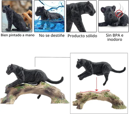 Miniatura 5 de Toymany 7 Piezas Figuras de Panteras Negras con Cachorro de Pantera y Tronco de Árbol, Figuras Realistas de Animales de la Selva Juego Familiar