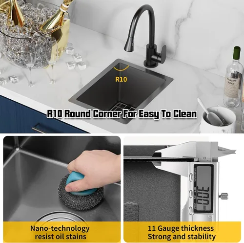 Miniatura 5 de Fregadero de cocina y bar negro de 12 x 16 pulgadas, pequeño tazón de acero inoxidable para montaje inferior, fregadero de cocina y bar, elección