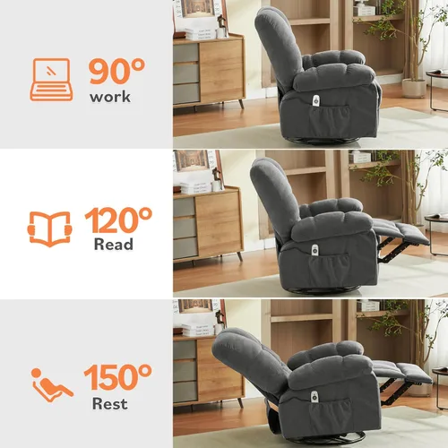 Miniatura 8 de Grey 360° Massage Swivel Recliner Chair with Vibration Massage and Lumbar Heating for Adults, Oversized Rocking Recliner Chair with Side Pocket and