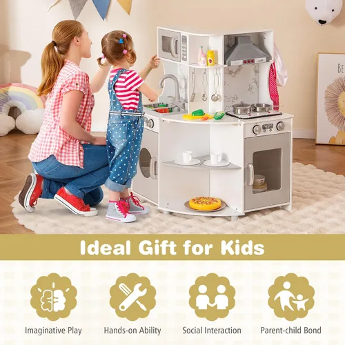 Miniatura 9 de Costzon Cocina de esquina para niños, juego de cocina de madera con circulación de agua, luz y sonido reales, microondas, campana extractora, gris