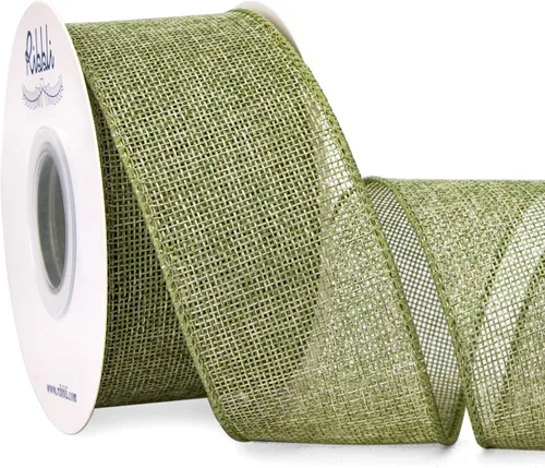 Ribbli Cinta con alambre de arpillera verde salvia/musgo primaveral, 2 pulgadas x 10 yardas continuas, cinta de borde con alambre para lazo grande,