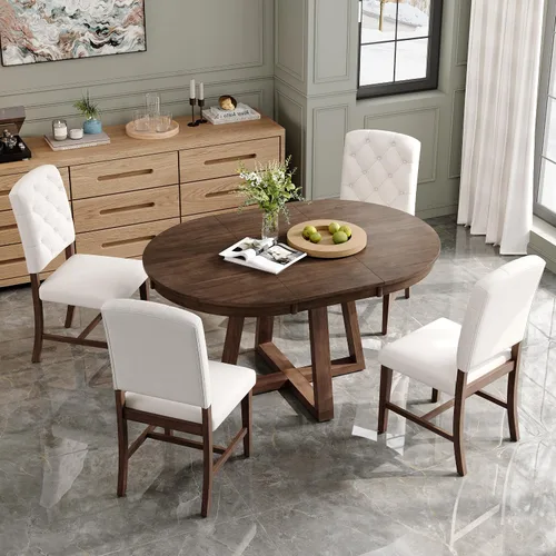 Miniatura 23 de Farmhouse - Juego de mesa de comedor de 5 piezas, mesa de comedor redonda extensible con 4 cómodas sillas tapizadas, juego de muebles funcionales