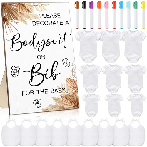 Miniatura 13 de Roowest 35 Piezas Baberos para Baby Shower Juegos Diseño Letrero de Madera para Juego de Fiesta de Baby Shower DIY Letrero de Body 15 Baberos