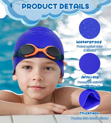 Miniatura 5 de Aegend Paquete de 2 gorros de natación para niñas y niños de 3 a 15 años, gorro de natación de silicona resistente al agua para cabello largo