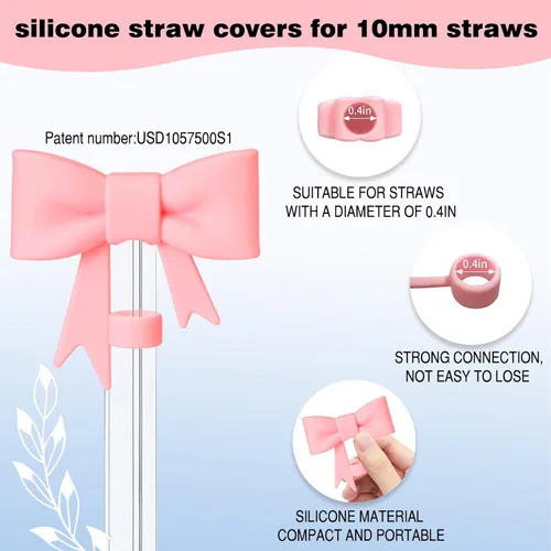 Miniatura 2 de Conjunto de accesorios para taza Hpebl para Stanley, incluye 2 tapas de pajita con moño lindo de 10 mm, tapones reutilizables para pajita, 1 funda