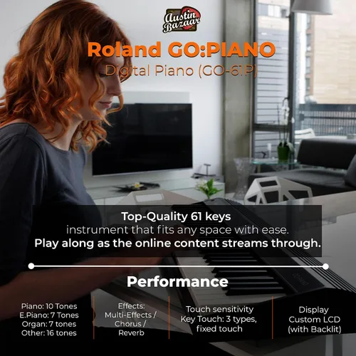 Miniatura 3 de Roland GO-61P - Paquete de piano digital de 61 teclas con soporte ajustable, pedal de sostenimiento, lecciones en línea y paño de pulido de Austin
