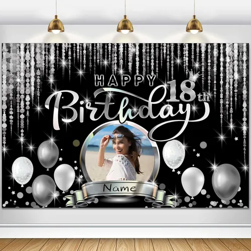 Miniatura 42 de Cartel de decoración de feliz cumpleaños número 100 personalizado - Personalización disponible - Negro y plateado - Tamaño grande - Admite fotos