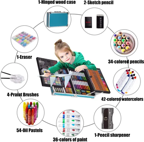 Miniatura 3 de KINSPORY Kit de suministros de arte de lujo para niños, niñas, adolescentes, de 5 a 12 años, con bloc de bocetos, acuarelas, crayones, lápices, Azul