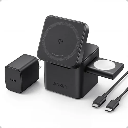 Anker Cargador inalámbrico de cubo 3 en 1, estación de carga compatible con Qi2 MagSafe, soporte de carga rápida plegable de 15 W para iPhone 17/16,