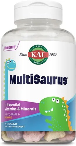 KAL MultiSaurus - Multivitaminas masticables para niños, 11 vitaminas y minerales esenciales para niños, bayas, uva, naranja, sin gluten y fructosa,