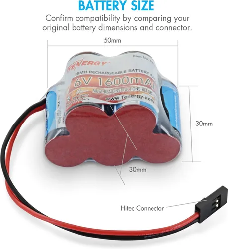 Miniatura 3 de Tenergy Batería recargable de 6V 1600mAh lado a lado, batería de receptor NiMH con conector Hitec para camiones RC, coches RC y RC Hobby Electronics