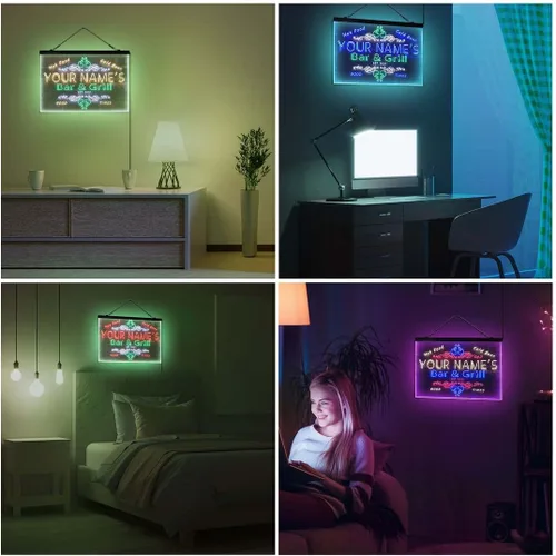 Miniatura 4 de Letrero de luz de neón LED tricolor personalizado para bar y parrilla, nombre personalizado, fecha, texto, cita, fuente blanco, azul y rojo, 17.7 x