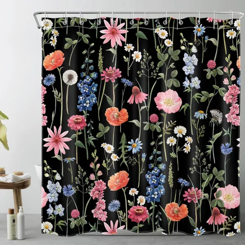 Miniatura 33 de LB Juego de cortinas de ducha de mariposa y flores con alfombras, margaritas y morado lavanda, hojas de eucalipto, cortina de ducha verde