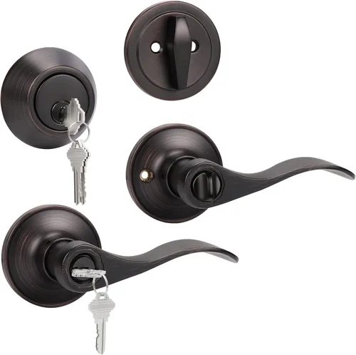 Miniatura 21 de KNOBWELL Juego de manija de palanca de entrada y cerrojo de un solo cilindro con llaves iguales, cerradura de perilla de puerta exterior con cerrojo