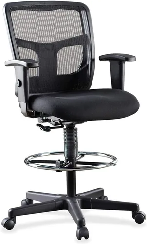 Lorell Silla de oficina con taburete de trinquete, diseño ergonómico de respaldo medio con malla transpirable, asiento de tela acolchada, anillo de