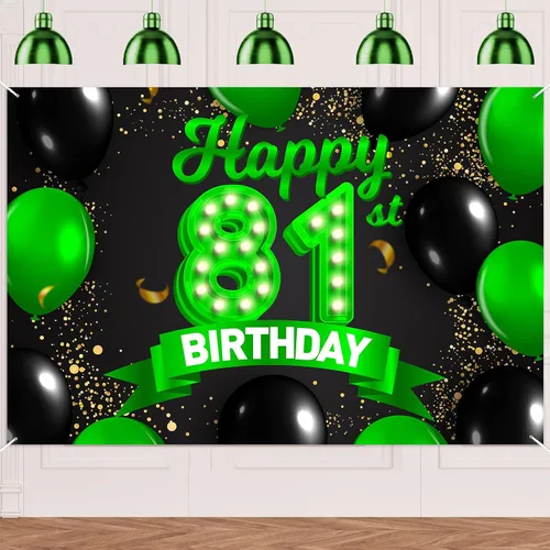 Miniatura 85 de Cartel de feliz cumpleaños 26 verde y negro, telón de fondo con texto en inglés "Cheers to 26 years old confeti", globos de confeti, decoración