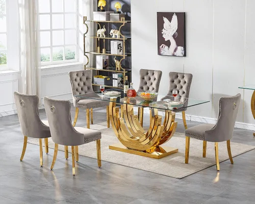Miniatura 14 de Mesa de comedor moderna de vidrio de 70 pulgadas para 6-8, mesa de comedor de cristal dorado de lujo con base de acero inoxidable en forma de flores