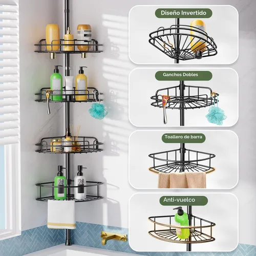Miniatura 5 de HAMITOR Poste de tensión para regadera: organizador de estante de esquina de baño a prueba de óxido de 4 niveles para inquilinos, estante grande
