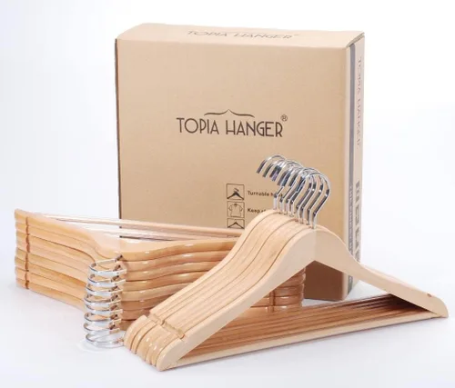 Miniatura 9 de TOPIA CT01N - Perchas de madera de alta calidad con gancho extra grueso y barra antideslizante para pantalones, perchas de lujo para armario