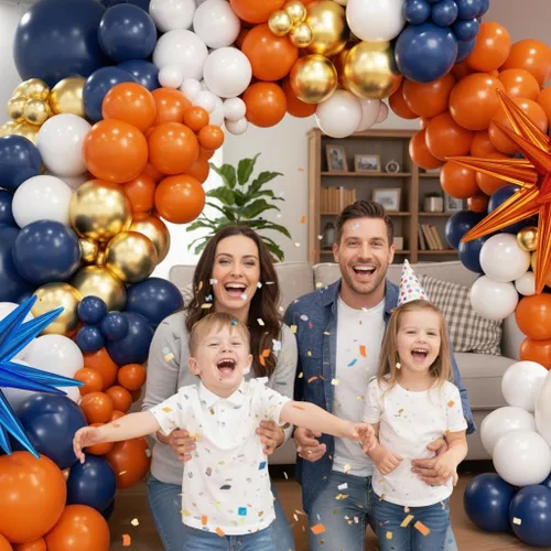 Miniatura 6 de Kit de arco de globos de color azul y naranja, azul marino, naranja, metálico, dorado y blanco, globos de diferentes tamaños para niñas, cumpleaños