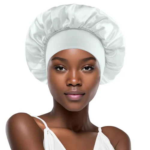 Gorro de seda blanco para mujeres durmiendo, gorro de seda para dormir, trenzas de cabello rizado, gorra de satén grande para dormir, gorra de noche
