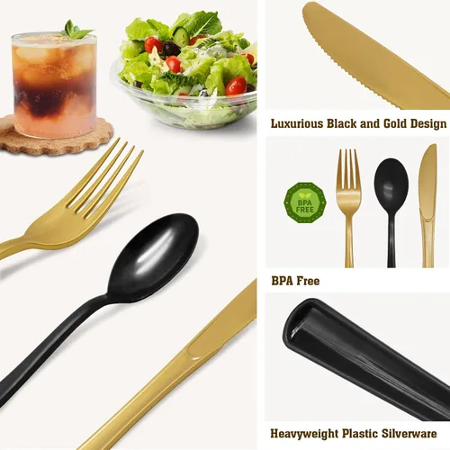 Miniatura 6 de Juego de 150 cubiertos de plástico negro y dorado, resistente, cubiertos de plástico negro y dorado, incluye cucharas, tenedores, cuchillos