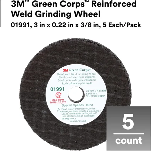 Miniatura 2 de 3M Green Corps - Muela abrasiva de soldadura reforzada 01991, 3 pulgadas, .22 x 3/8 pulgadas, paquete de 5 unidades, resistente, unida a resina
