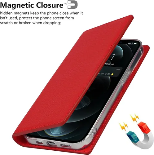 Miniatura 7 de iCoverCase Compatible con iPhone 13 Pro Max, funda magnética de piel auténtica con bloqueo RFID, correa para la muñeca y ranuras para tarjetas, Rojo