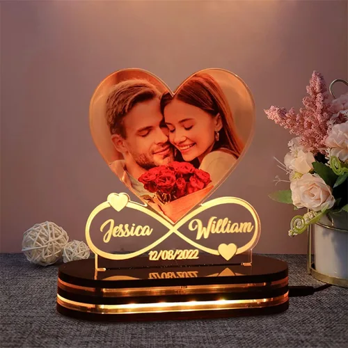 Foto personalizada, luz nocturna de corazón infinito con base, nombre personalizado, fecha, lámpara acrílica, romántica, día de San Valentín,