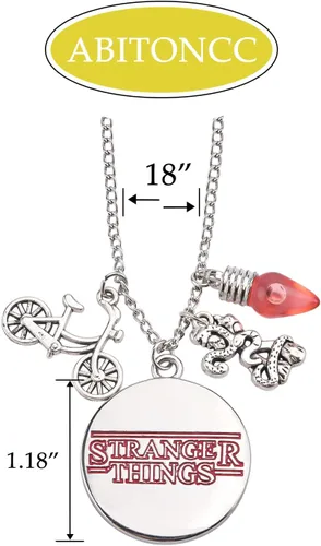 Miniatura 3 de Abitoncc Collar Stranger Charm de acero inoxidable Eddie alfabeto bombilla Once Bike Demogorgon notas al revés Guitarra Pick Munson Collares