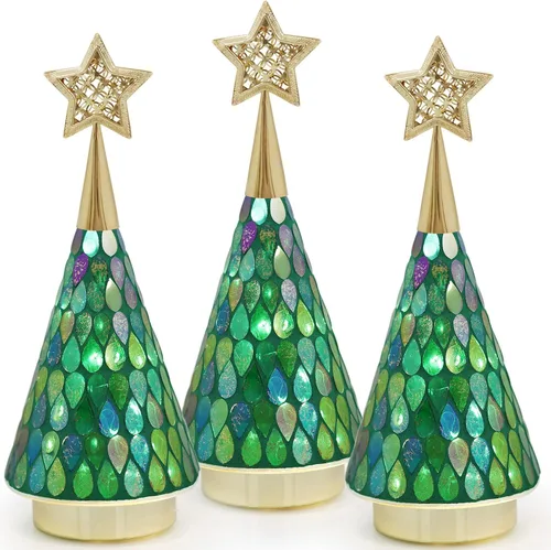 Miniatura 11 de Árbol de Navidad de vidrio con mosaico dorado con estrella, 2 piezas de árboles de Navidad pequeños de mesa con luz, árbol de Navidad a