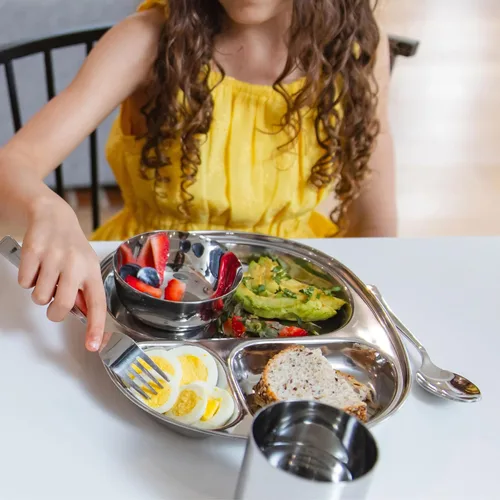 Miniatura 6 de Ahimsa Juego de utensilios de acero inoxidable para niños, diseño pediatra, cubiertos premium para niños, no tóxicos, aptos para lavavajillas