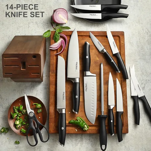 Miniatura 5 de FIKSHOT - Juego de bloques de cuchillos, juego de cuchillos de cocina de acero inoxidable de alto carbono, espiga completa, hoja afilada resistente