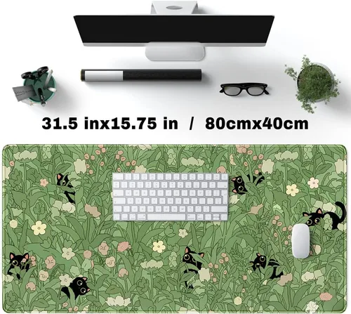 Miniatura 2 de Tapete de Escritorio Verde XL Gato Lindo Planta Genial Almohadilla de Escritorio Tapete de Teclado Kawaii Gato Negro Flor Mousepad Tapete de B-cat