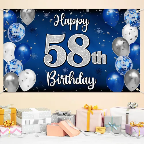 Miniatura 263 de Decoración de feliz cumpleaños 35, globo azul y plateado de 35 años, cartel grande de telón de fondo de cumpleaños, suministros para fiesta de 35th