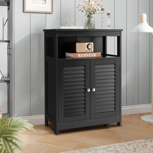 Miniatura 8 de GLACER Gabinete de suelo de baño, armario de almacenamiento de madera con puertas dobles con persiana y estante ajustable de 3 posiciones