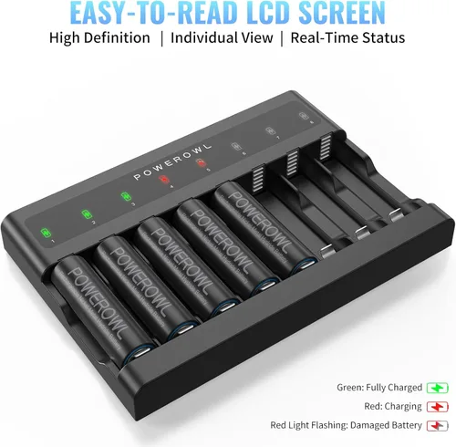 Miniatura 5 de POWEROWL Baterías AAA recargables de 1000 mAh con cargador de batería inteligente de 8 bahías, baterías Ni-MH Triple A de baja autodescarga, 8