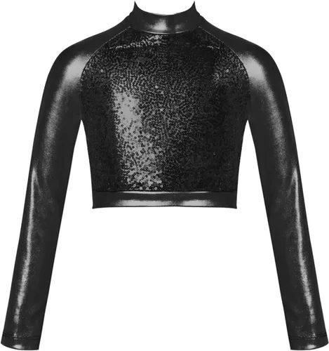 JEATHA Camiseta corta de manga larga con lentejuelas brillantes para niños y niñas, con cuello alto falso, camisetas atléticas de jazz hip-hop para