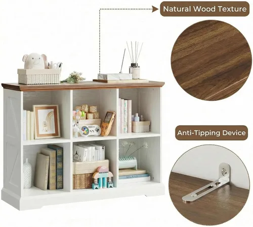 Miniatura 12 de IRONCK Organizador de almacenamiento de 6 cubos, estante de madera con almacenamiento, estantería de granja para dormitorio, sala de estar y oficina